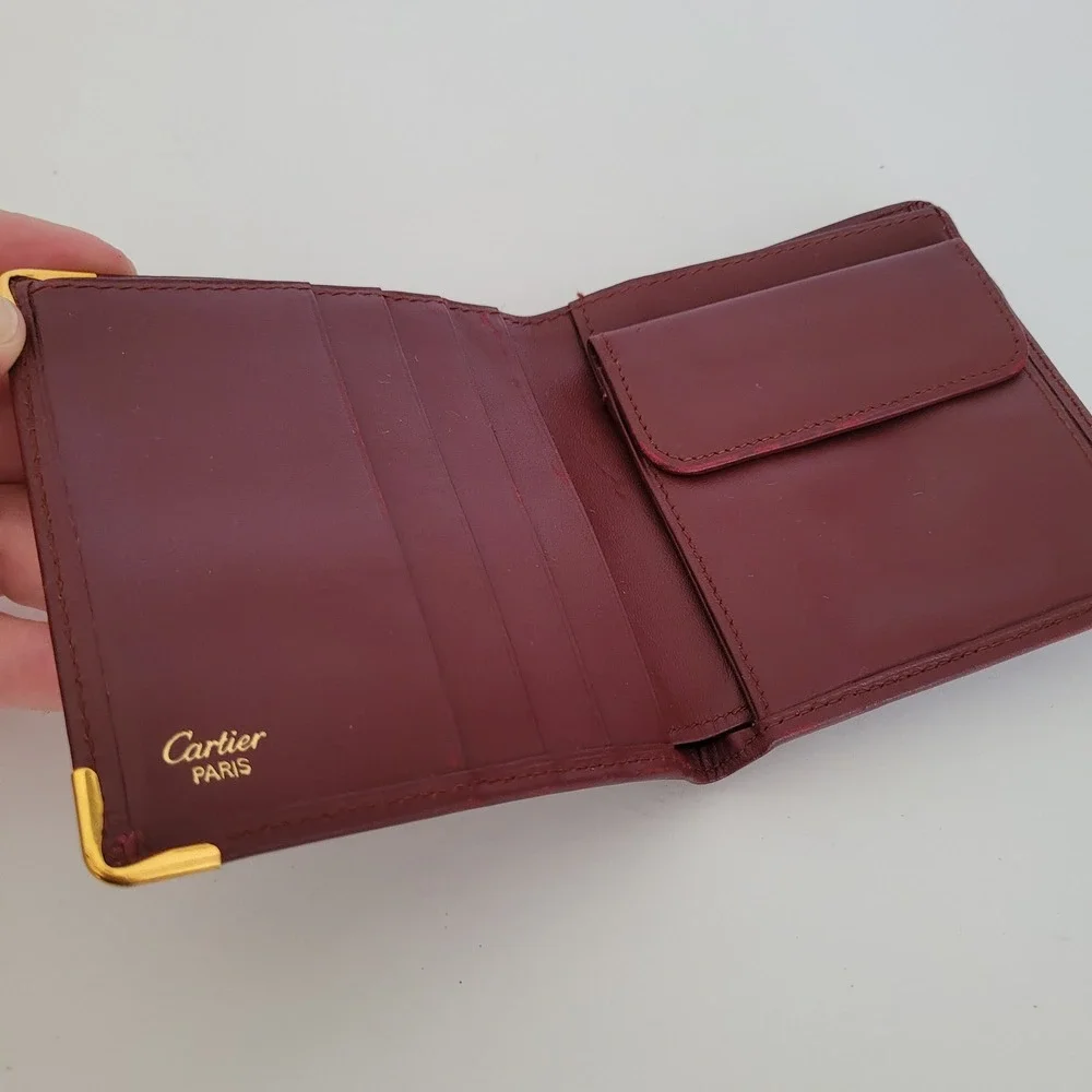 Cartier Must de Cartier Bifold Wallet Burgundy Leather Gold Corners Italy